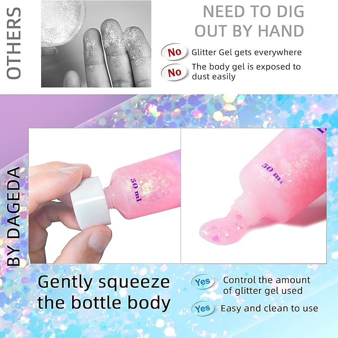 DAGEDA Body Glitter Gel, Face Glitters Body Gel Sequins Shimmer Liquid Eyeshadow, Chunky Glitter for Face Hair Nails, Holographic Cosmetic Laser Powder Festival Glitter Makeup 1.7oz (Light Pink)
