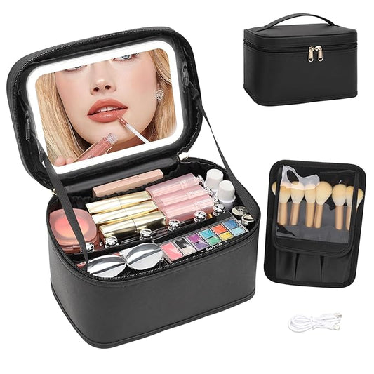 OCHEAL Makeup Bag With LED Mirror, Travel Makeup Bag With 3 Color Setting Light Up Mirror Cosmetic Makeup Organizer Vanity Case for Women Beauty Tools Accessories Rechargeable Makeup Travel Bag-Black