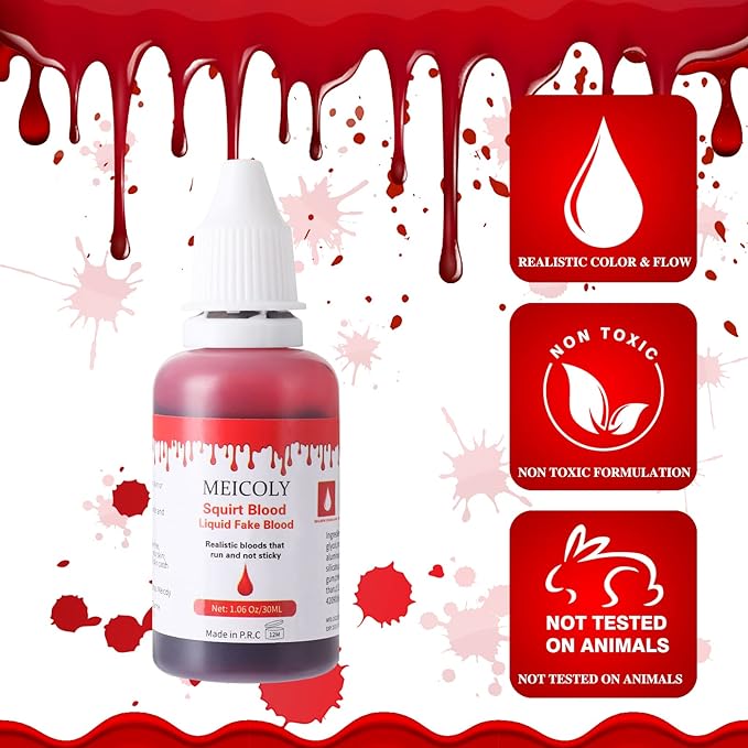 MEICOLY 2.1oz Halloween Fake Blood Makeup- Realistic Sangre Falsa Washable Edible Liquid with 0.7oz Cleaning Soap - Squirt Blood for Clothes,Zombie Vampire Monster,SFX Cut Flesh Wound Makeup - Bright