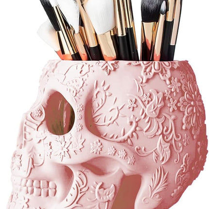 Skull Makeup Brush Holder, Pen Holder, Vanity, Desk, Office Organizer, Stationary, Decor Planter, Candy Bowl, Goth Decorations, Extra Large, Skulls Gothic Skull & Bones Organizer Bathroom (Cloud Pink)