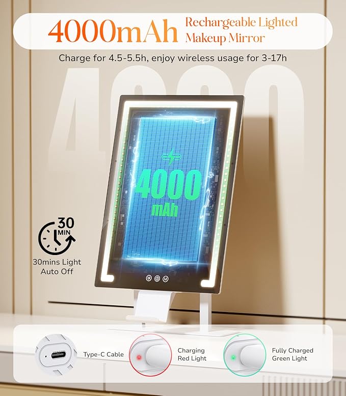 Gospire Hollywood Lighted Makeup Mirror, 4000mAh Rechargeable Vanity Mirror, 3 Color Modes Lighting Mirror with Magnification 5X/10X, Touch Control&Phone Holder, LED Desktop Mirror for Bedroom