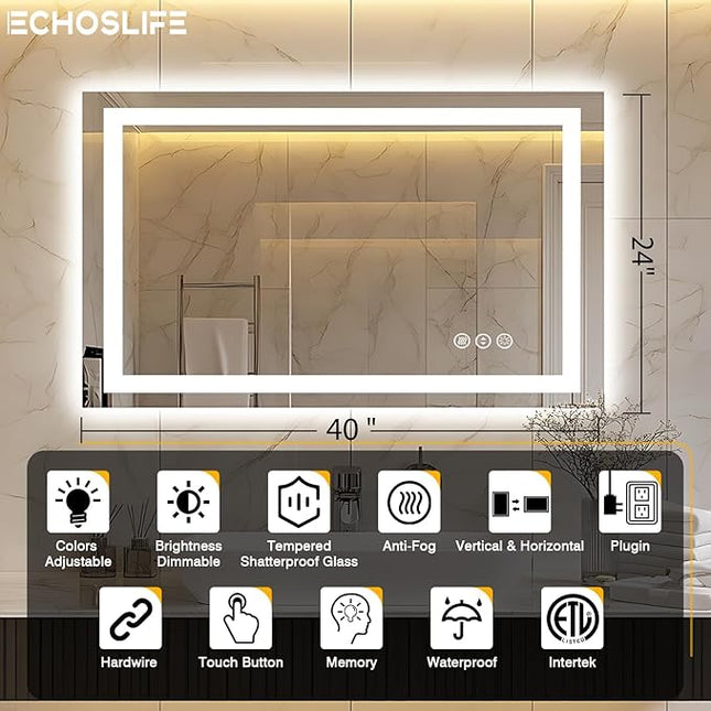 40"x24" LED Bathroom Mirror, Front and Backlit, Anti-Fog Bathroom Vanity Mirror, Stepless Dimmable Lighted, 3 Colors Smart Mirror (Horizontal/Vertical)