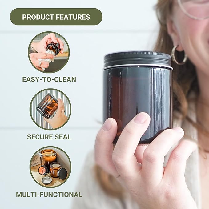 Glass Amber 8oz Jar - 12 Packs, Empty Round Jars For Beauty Products, Lotion, and Powders - Black Lid - Small Candle Jars