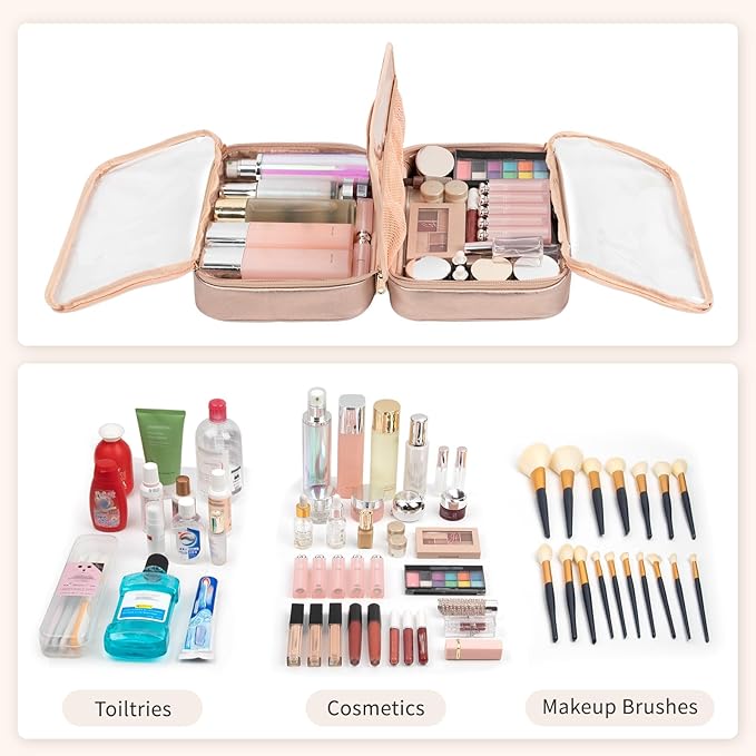 OCHEAL Makeup Bag, Makeup Travel Bag Large Capacity Cosmetic Organizer with Makeup Brush Compartment & Handle for Women Girls Travel Toiletry Accessories-Rose Gold