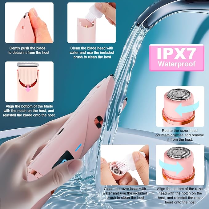 Bikini Trimmer for Women, 2 in 1 Electric Razors for Women Pubic Hair, IPX7 Waterproof Dual Head Bikini Shaver with LED Display, Rechargeable Electric Trimmer (Blue)