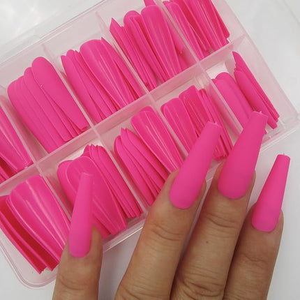 LoveOurHome 100pc Coffin Press on Nails Long Fake Nails Matte Full Cover False Nails Press ons Artificial Nail Medium Ballerina Fake Fingernail Hot Pink Presson on Nail Tips for Women Kids Girls