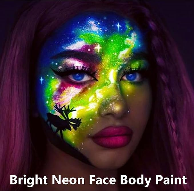 Go Ho UV Blacklight Neon Green Face Body Paint,Water Based Bright Color Neon Fluorescent Body Paint with Cushion Applicator,Glow In The Dark Under UV Lighting Party Neon Green Makeup Washable