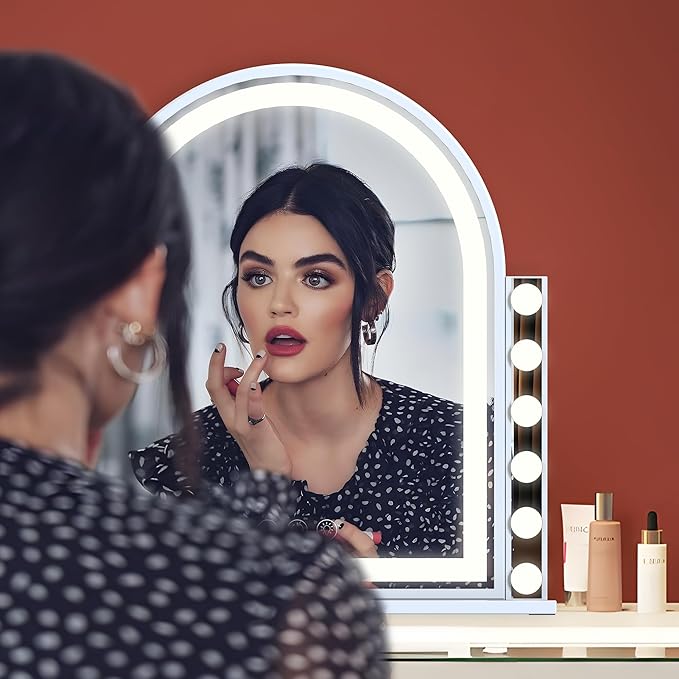 VANITII Hollywood Vanity Mirror with Light Strip and 12 Bulbs 18.1"x23.4" LED Arched Makeup Mirror with 3 Color Modes Lighted Makeup Mirror with 10X Magnification for Dressing Room