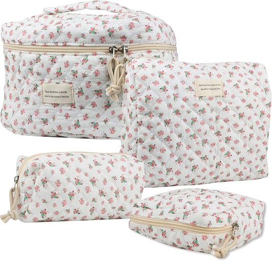 VIWIME Makeup Cosmetic Bag, Large Cotton Quilted Travel Coquette Aesthetic Cute Floral Make up Bag for Women Toiletry Bag Organizer(Red Rose/4Pcs)