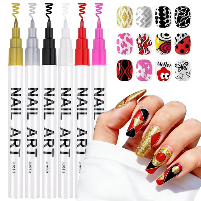 Kalolary 6 Color Nail Art Pens Set, Nail Polish Pens 0.7MM Fine Tip Acrylic Paint Pen Nail Art Markers Quick-Dry Nail Art Tools for Dotting Drawing Painting DIY Nail Art Beauty Manicure（I）