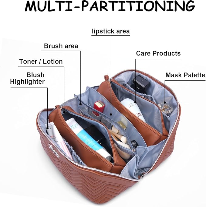 Travel Makeup Bags Cosmetic Organizer Bag: Quilted Make up Bag Set of 3 - PU Leather Toiletry Bags for Women - Portable Makeup Organizer with Compartments & Handle & Divider(14 Brown)