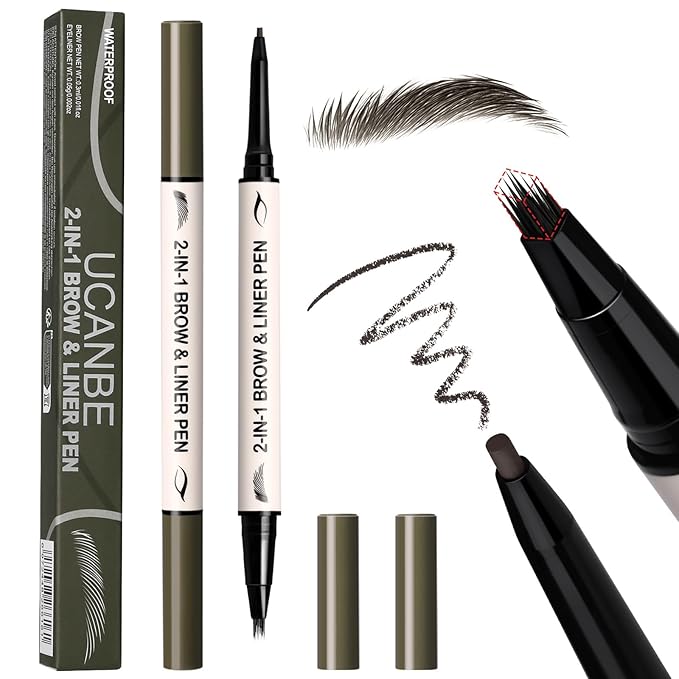 UCANBE 2-in-1 Eyebrow Pen & Gel Eyeliner Pencil – Microblading Eye Brow Pencil with Brow-Fection Angled Brush Tip + 1.5mm Ultra-Fine Eye Liner, Waterproof, Quick-Dry, Long Lasting (Black Brown)