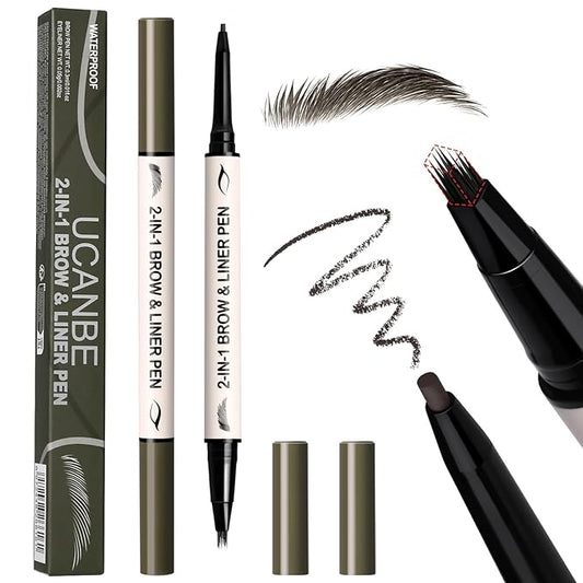 UCANBE 2-in-1 Eyebrow Pen & Gel Eyeliner Pencil – Microblading Eye Brow Pencil with Brow-Fection Angled Brush Tip + 1.5mm Ultra-Fine Eye Liner, Waterproof, Quick-Dry, Long Lasting (Black Brown)