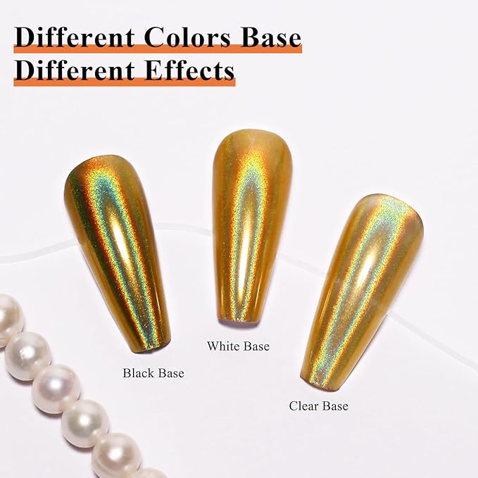 Imtiti Holographic Gold Chrome Nail Powder Kit,1g Holo Iridescent Gold Meatllic Mirror Effect Powder with 10ml White Color Gel Polish Metal Nail UV DIY Kit