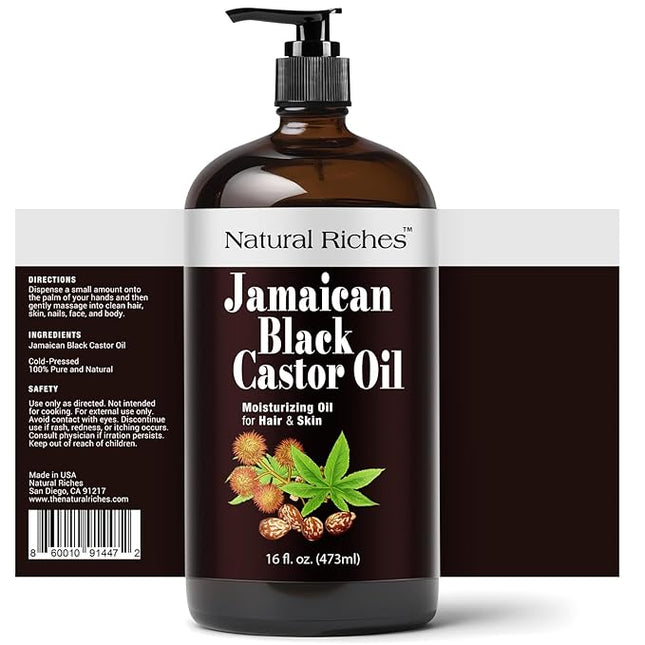 Natural Riches Jamaican Black Castor Oil Glass Bottle Pure Organic Cold Pressed for Hair Growth Skin Care for Dry Skin Conditioning Eyebrows Eyelashes Scalp and Nail Moisturizes & Repairs 16fl.oz.