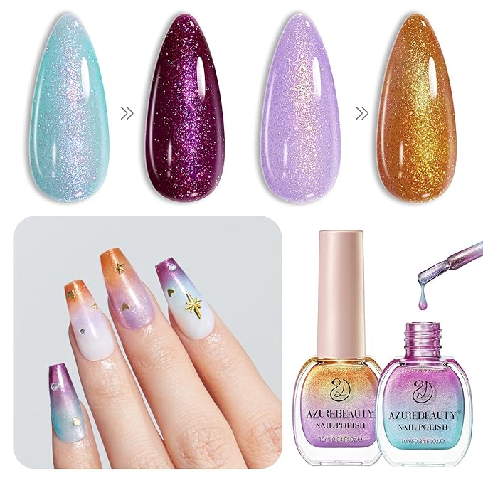 AZUREBEAUTY Sunlight Color Changing Nail Polish Set Quick Dry Blue Purple Mermaid Series 2 Colors Spring Summer Nail Lacquer Natural Fingernail Kit DIY Women Gifts 0.34oz