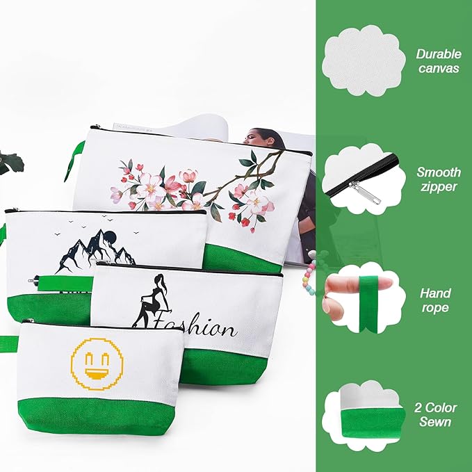 10 Pieces Cotton Canvas Makeup Bag with Bottom and Strap, Multi-Purpose Cosmetic Bag with Zipper Travel Toiletry Pouch, Blank DIY Craft Bag (White&Green, M)