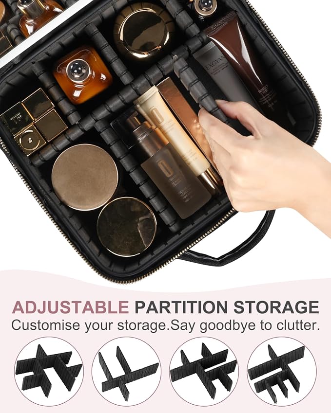 Makeup Bag with LED Mirror, Makeup Organizer Train Case with 1X,2X,3X Vanity Mirror, Adjustable Brightness in 3 Color Settings, Portable Make up Bag with Brush Holder & Storage Dividers, Black