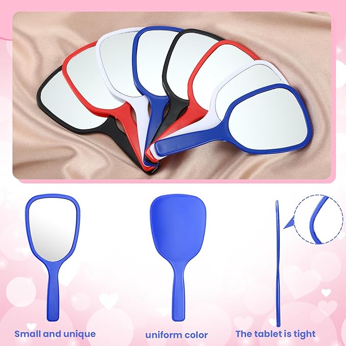 Hicarer 16 Pcs Hand Handheld Mirror with Handle Plastic Travel Makeup Handheld Cosmetic Mirror for Travel, 3.15 Inch Wide, 7.09 Inch Long (Black,White,Blue,Red)