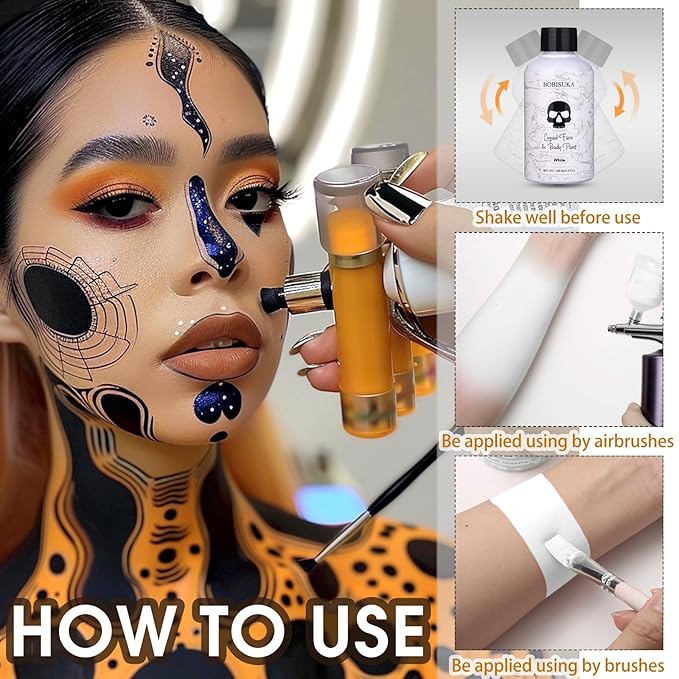 BOBISUKA White Face Body Paint Liquid Texture Washable Non Toxic Facepaint Fast Drying Foundation Makeup for Halloween Clown Skeleton Skull Cosplay SFX Costume Party Large Capacity(130ml)