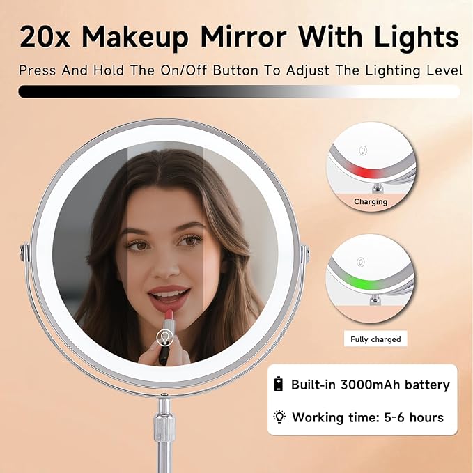 1X/20X Magnifying Makeup Mirror with Lights - 9" Large Dual-Sided Vanity Mirror with 3 Color Lights for Women's Travel Cosmetic Mirror | 3000 mAh-USB Rechargeable | 360° Rotation | Adjustable Height