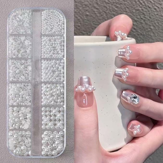 24Grid Shiny Colorful Nail Art Rhinestones 3D Flatback Rhinestones Pearl Nail Charms and Crystals Gems Nail Accessories for Acrylic Nail Tips Manicure Decor