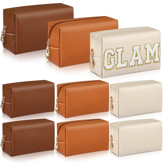 Sanwuta 9 Pcs Makeup Bags Bulk PU Double Zippers Cosmetic Bag Makeup Toiletry Pouch Portable Travel Organizers Case for Women Bachelorette Party End of The Year Bridesmaid Gift(Brown Series)