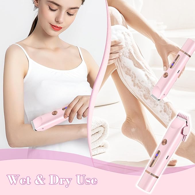 2 in 1 Women Electric Shaver Dual Head Bikini Trimmer for Women, IPX7 Waterproof Wet & Dry Use Painless Electric Razors for Silk Skin, Bikini Underarm Leg Arm Body Face, Pink