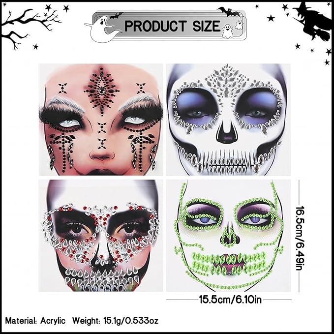 4 Pcs Halloween Face Gems Tattoos,Day of the Dead Face Temporary Skull Halloween Rhinestone Face Jewels Tattoos Body Makeup Stickers for Halloween Rave Party