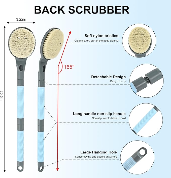 Back Scrubber Anti Slip for Shower, 21.7” Detachable Back Bath Brush for Shower, Back Scrubber, Exfoliation and Improved Skin Health for Elderly with Limited Arm Movement, Disabled (21.7” Grey)