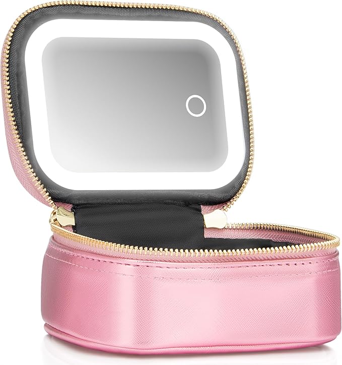 Small Makeup Bag with Led Mirror, Mini Travel Make up Bag 3 Light Modes Adjustable Brightness, for Women Organizer Cosmetic Bag, Portable Travel Train Toiletry Bag, for Pool Parties Work Touch-Ups