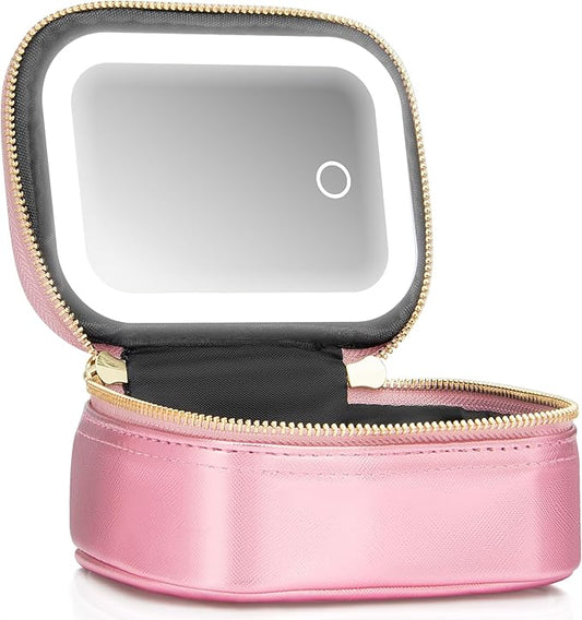 Small Makeup Bag with Led Mirror, Mini Travel Make up Bag 3 Light Modes Adjustable Brightness, for Women Organizer Cosmetic Bag, Portable Travel Train Toiletry Bag, for Pool Parties Work Touch-Ups