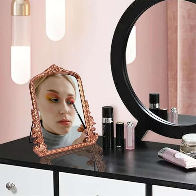 Rose Gold Makeup Mirror, Small Standing Vanity Desk Mirror Decorative Ornate Arched Desk Mirror with Carved Wood Frame, for Bedrooms,Living Rooms Table Top and Salon 11.8" x 9.6"