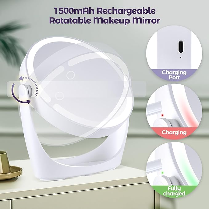 30X/1X Magnifying Mirror with Light, Makeup Mirror with Lights, Double Sided Magnifying Mirrors with Magnification, Portable Lighted Desk Mirrors with Storage, 3 Color Lights 360°Rotation