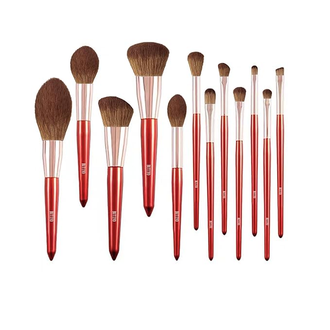 Makeup Brushes Set BUTIYO Synthetic Foundation Powder Concealers Eye shadows Blush Makeup Brushes with red 12 pcs (FB021)