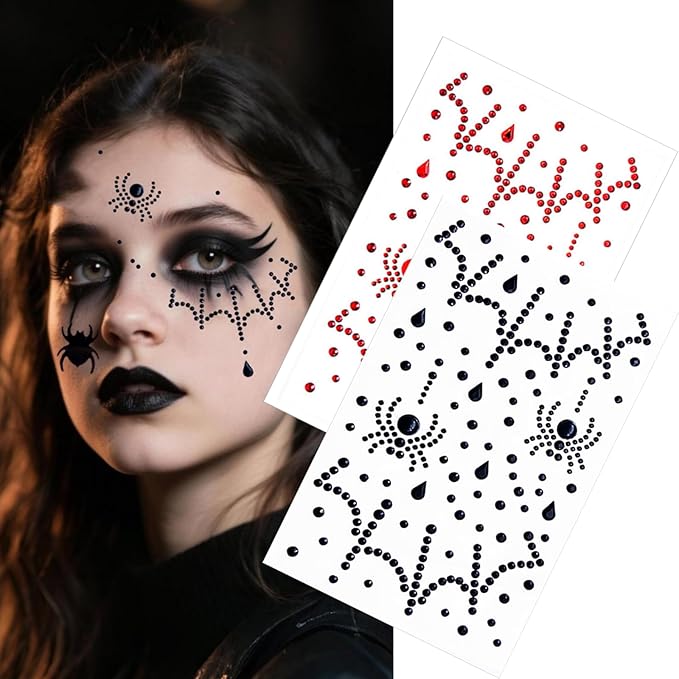 Face Jewels Stick on Face Costume Black Red Gems Self-Adhesive Makeup Halloween Dress Up Rhinestone Stickers for Festival Holiday Party Accessories (blackred_witch)
