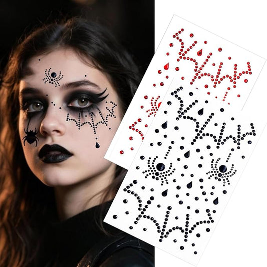 Face Jewels Stick on Face Costume Black Red Gems Self-Adhesive Makeup Halloween Dress Up Rhinestone Stickers for Festival Holiday Party Accessories (blackred_witch)