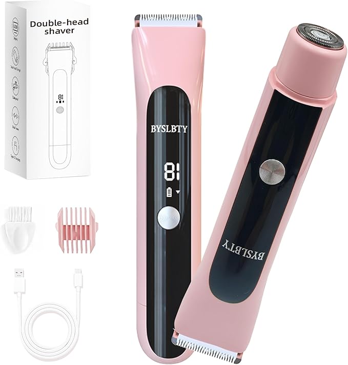 2 in 1 Bikini Trimmer for Women Dual Head Electric Shaver,IPX7 Waterproof Wet & Dry, Painless Shaver for Body Face Private Area Pink