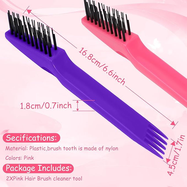 Yaomiao 2 Pcs Hair Brush Cleaner Tool 2-in-1, Pink and Purple Hairbrush Cleaner for Removing Hair Dust, Mini Comb for Removing Dirt, Home Salon Use