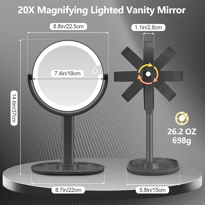 MIYADIVA Makeup Mirror with Lights,20X Magnifying Mirror with Light and Touch Switch,Vanity Mirror with 3 Color Light and 80 LEDs,2-Sided Lighted Magnified Mirrors 8.8 Inches, Black