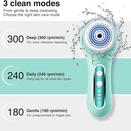 Electric Facial Cleansing Brush, 2-Way Rotating Face Scrubber for Daily & Deep Cleaning, 3 Modes, 5 Brush Heads, Rechargeable, IPX7 Waterproof for All Skin Types