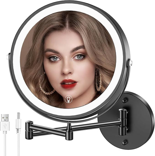 Wall Mounted Lighted Makeup Mirror, 8" Rechargeable Double-Sided Light up Magnifying Mirror 1x/10x,3 Color Led Vanity Mirror with Lights,Touch Dimmable 360° Rotation Foldable-Black