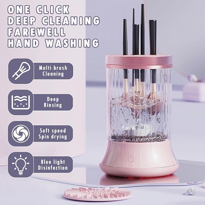 Automatic Makeup Brush Cleaner Machine - Electric Brush Washer for 3-4 Brushes Simultaneously | 7000 RPM Deep Cleaning | Includes Silicone Cleaning Pad & Drying Stand