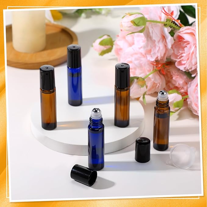 Sumind 150 Pcs Essential Oil Roller Bottles 10 ml Glass Empty Roll on Bottles with Stainless Steel Balls Leak Proof with 5 Funnel for Travel Essential Oil(Amber, Blue)