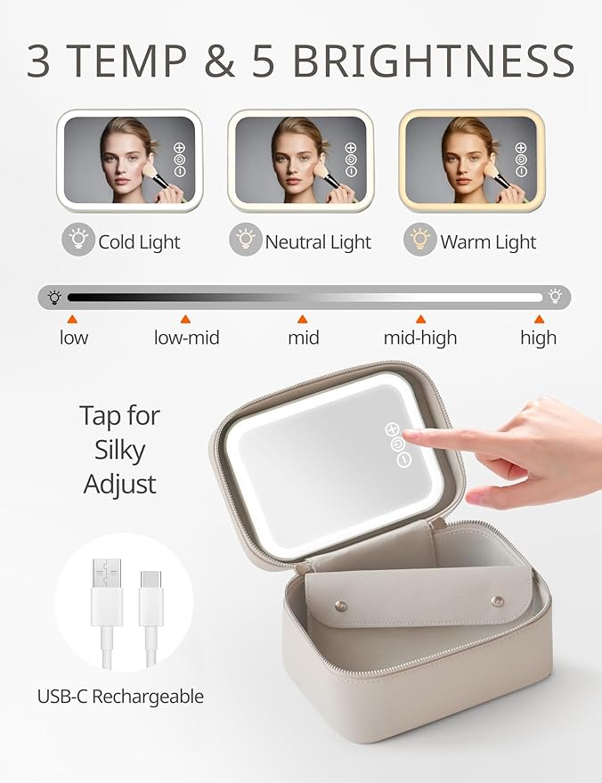 Popvibe Travel Makeup Case with Mirror and Light Up Vanity Case Make Up Bag Set with Brush Holder Srorage, Leather Cosmetic Case Compact Luxury Small Train Case with Handle, Portable Makeup Box Cute