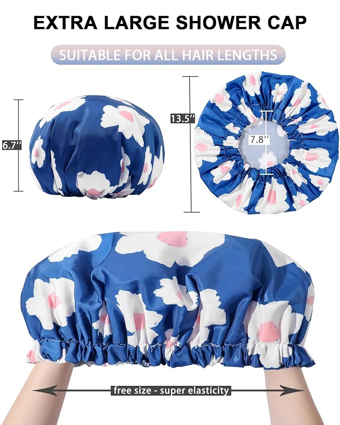 YIZIJIZI Shower Cap,Shower Caps for Women Reusable Waterproof,Two Layer Large Shower Caps Reusable Suitable for All Types of Straight Hair, Curly Hair, Long Hair,Braids (Blue flowers)
