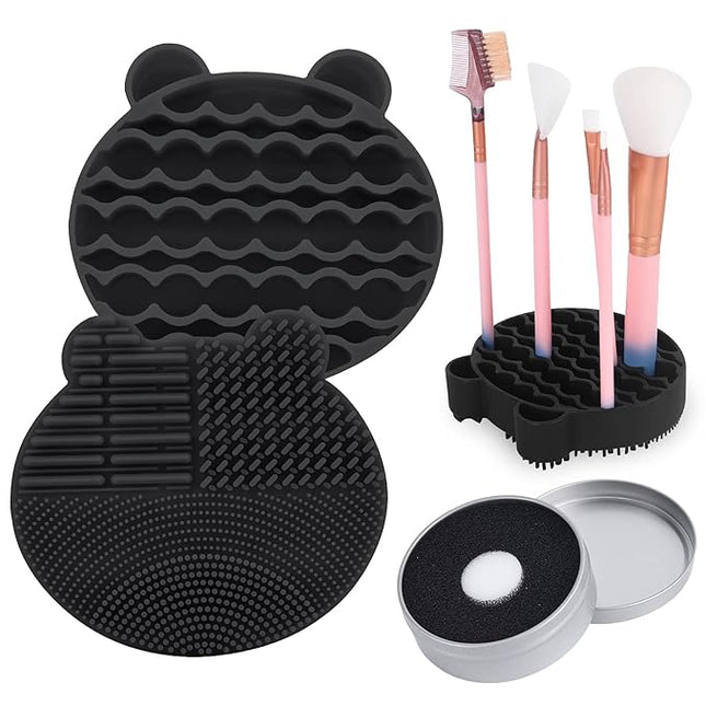 Silicon Makeup Brush Cleaner Mat with Brush Drying manual Make up cleaner cleanser machine Cosmetic Cleaning Pad+Makeup Dry Cleaned Quick Color Removal Sponge Scrubber Tool(Black)