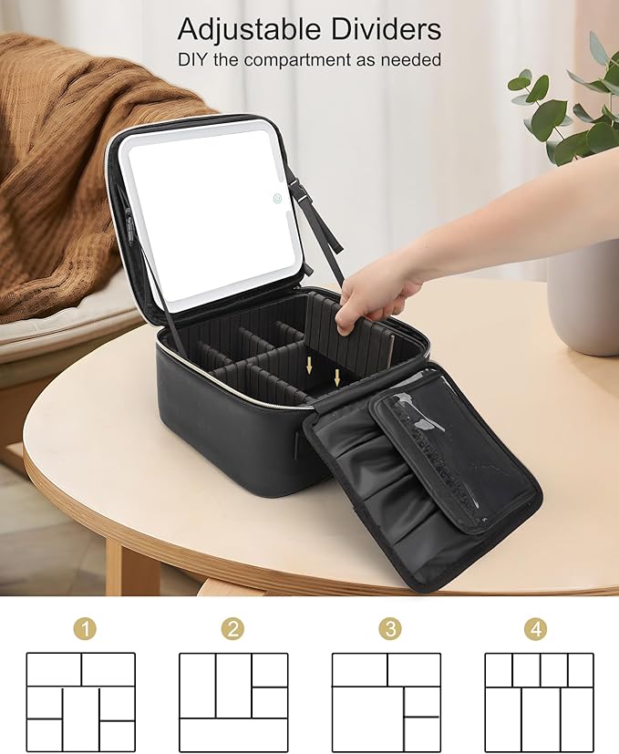 Relavel Makeup Bag with Light Up Mirror, Makeup Case Travel Cosmetic Bags Brush Organizer Storage Box, Rechargeable Vanity Mirror with 3 Color Lights, High Frame Mirror Protection (Black)