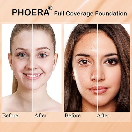 PHOERA Foundation, Full Coverage Foundation, PHOERA Primer, PHOERA Makeup Set, Flat Top Kabuki Makeup Brushes Foundation Brush Powder Brush,2 Pcs Makeup Sponge (102 Nude + 104 Buff Beige)