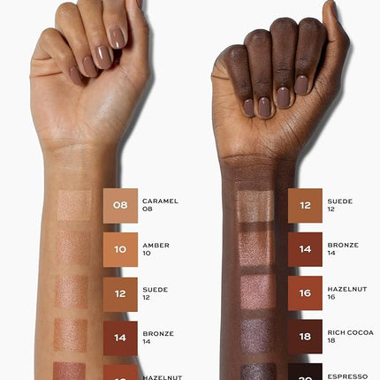 MAKE Beauty Diffusion Dew Skin Tint. Sheer to Medium Coverage Radiant Finish. Blurring, Smoothing, and Brightening for Glowing Complexion. Enhanced with Niacinamide and Adenosine. Amber 10